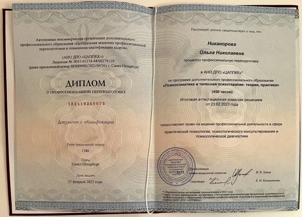 Диплом Психосоматика и телесная психотерапия: теория, практика